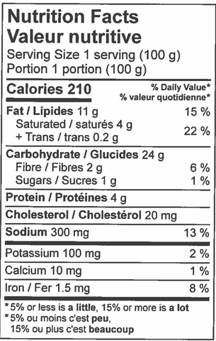 nutritional information sheet for Chicken Pot pie.