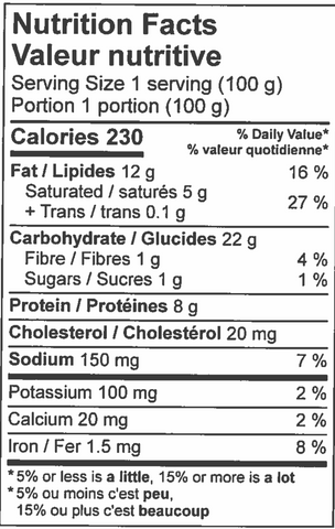 nutritional information sheet for Chicken Pot pie.