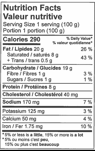 nutritional information sheet for steak and cheese pie.