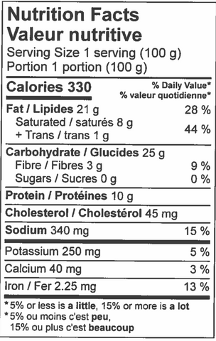 nutritional information sheet for steak and kidney pie.