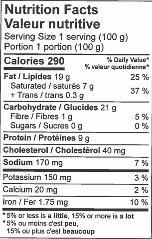 nutritional information sheet for tourtiere pie.