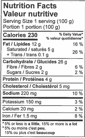 nutritional information sheet for Veggie Baltie pie.