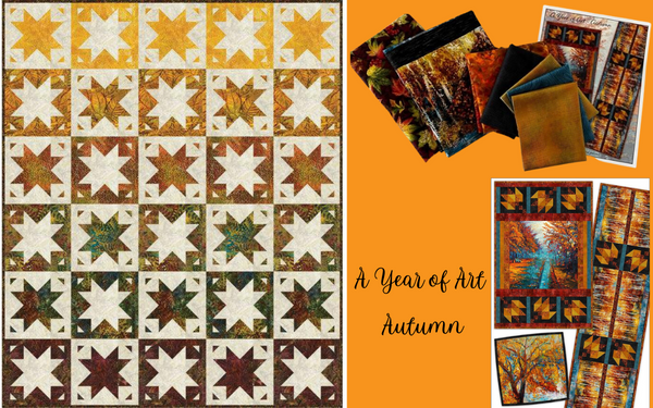 Luminescent Batik Quilt kit side by side with A Year of Art Autumn Table Runner Quilt Kit