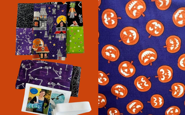 A selection of halloween-themed fat quarters and fabrics