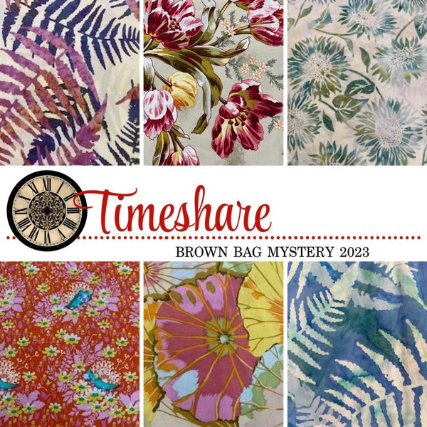 various fabric samples from Brown Bag Mystery 2023 Timeshare