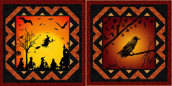 Two Haunted Blackbird Quilt Kits, one featuring a center panel with flying witch above trick or treaters and one featuring a crow