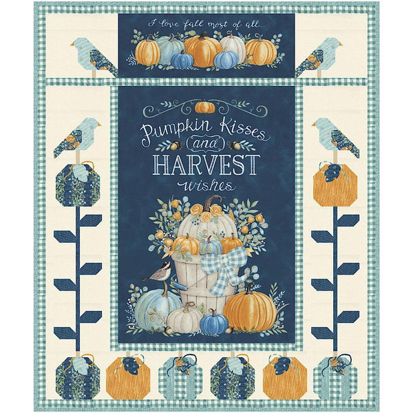 I love Fall Night Sky Quilt kit featuring pumpkins and crows in dark and soft teals and oranges