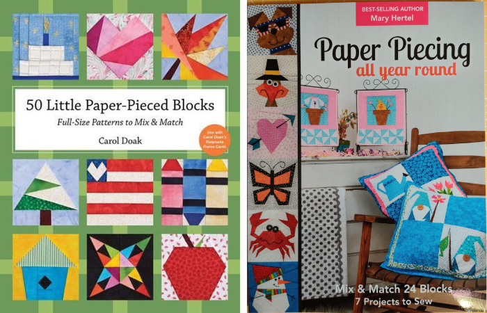 side by side images of 2 paper piecing books, 50 Little Paper Pieced Projects by Carol Doak and Paper Piecing All Year Round