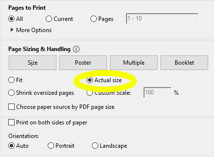 example of printer settings to print at actual size or 100%