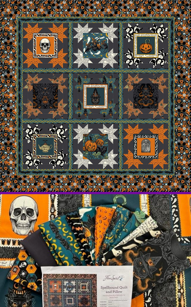 Spellbound Quilt above Spellbound Halloween-themed Fabric Bundle