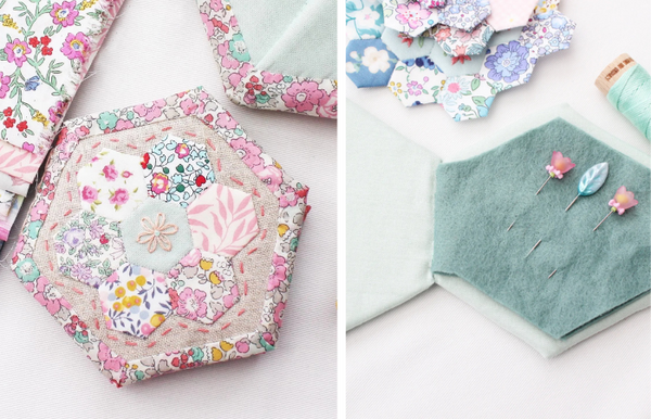 An English Paper Pieced needle book composed of hexagons in pale pastel floral fabrics with a sage felt interior