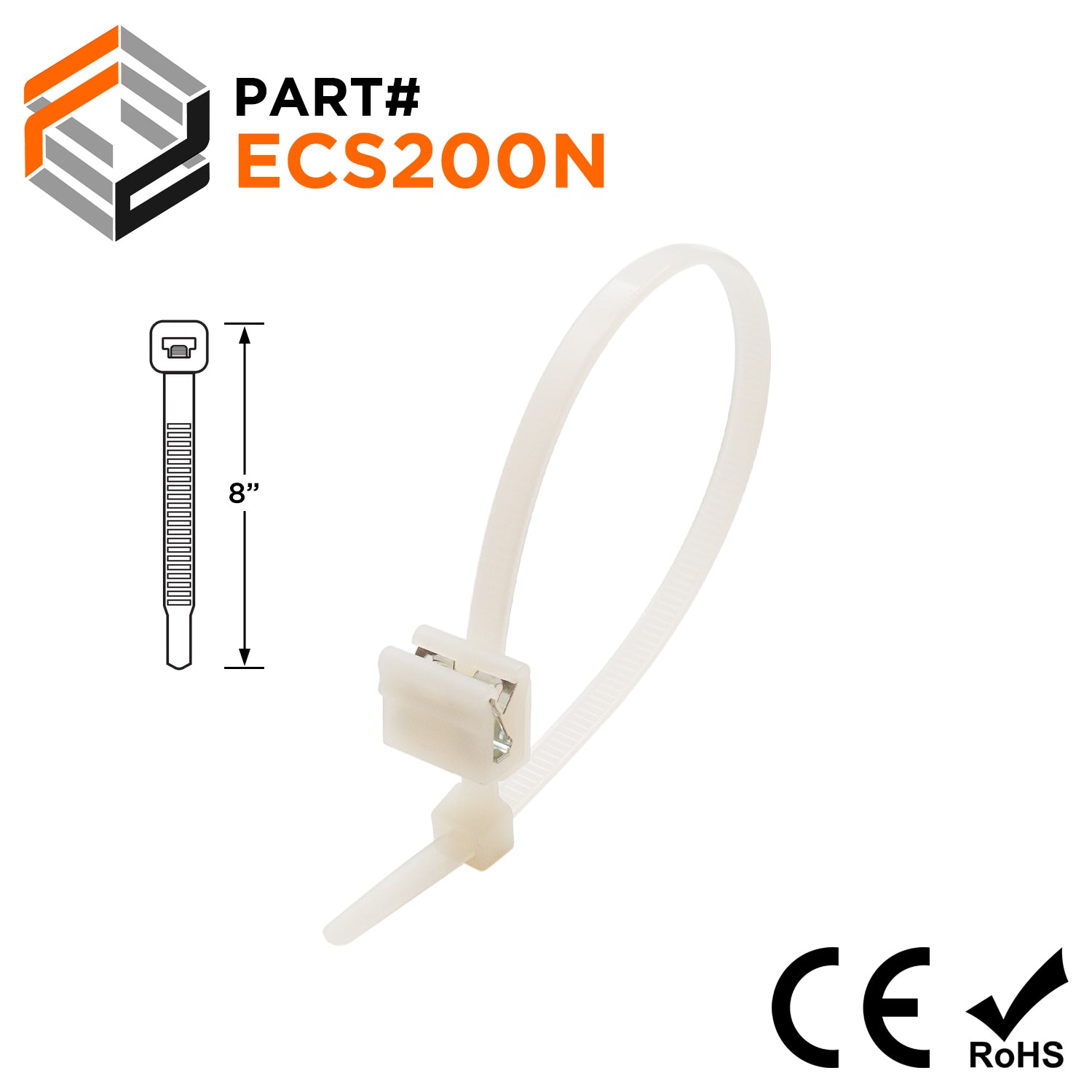 ECS200N - 8" Standard Cable Ties with Edge Clip Mount, 50-lb Tensile Strength, Natural, 100-Pack