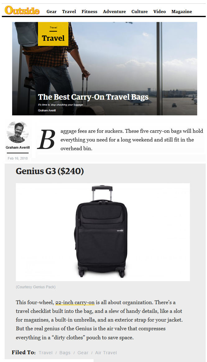 Outside Magazine: Top picks for best carry on luggage | Genius Pack