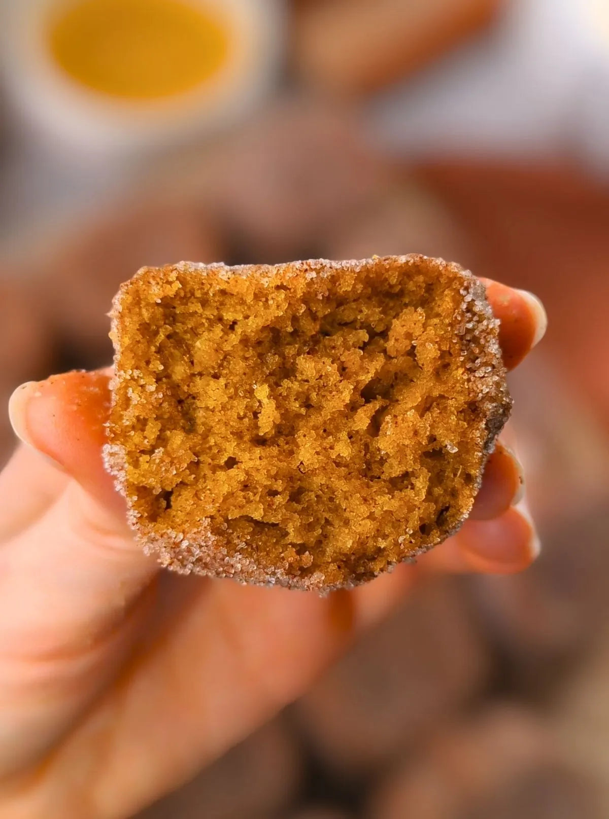 Close-up of a bitten pumpkin spice donut held in a hand