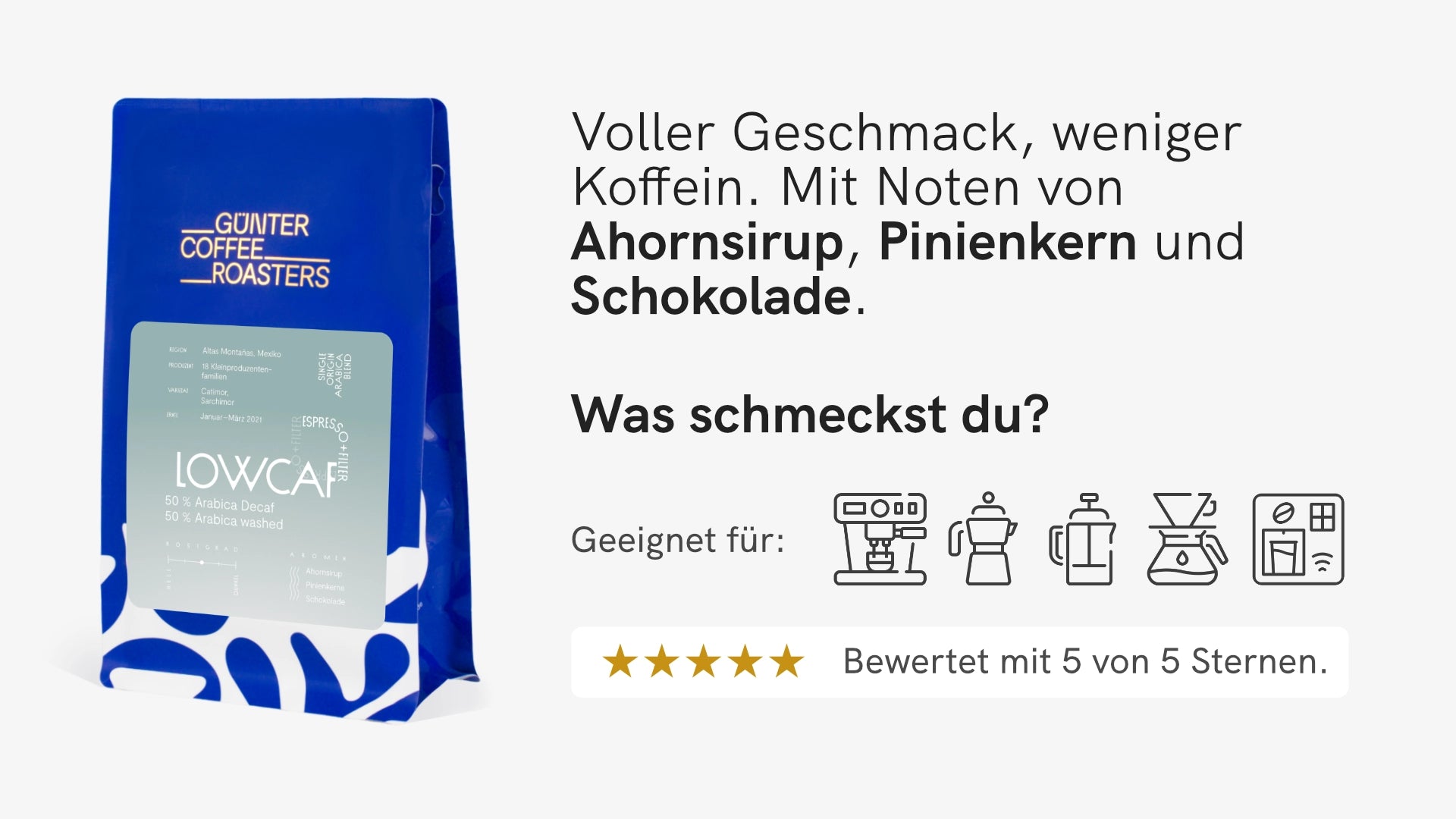 Lowcaf Kaffeebohnen mit weniger Koffein von Günter Coffee Roasters.