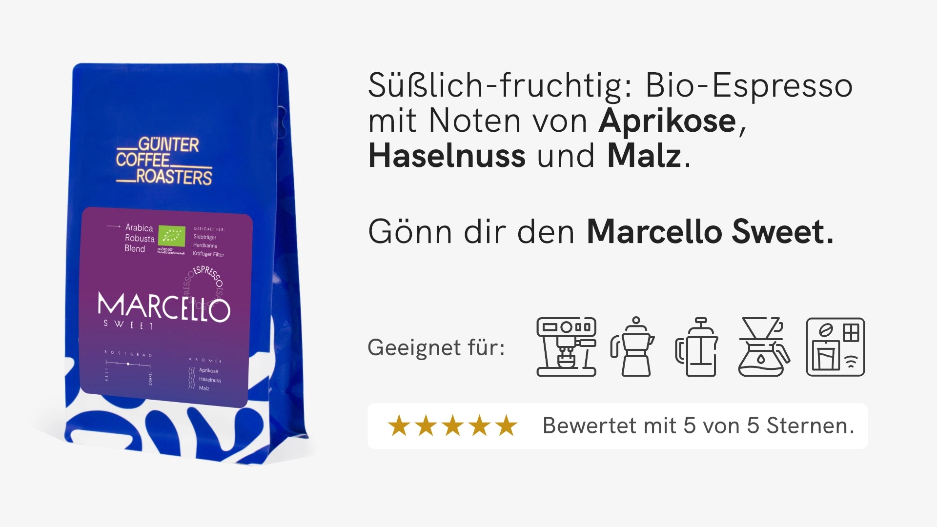 Kaffeebohnen Marcello Sweet von Günter Coffee als Espressoröstung.