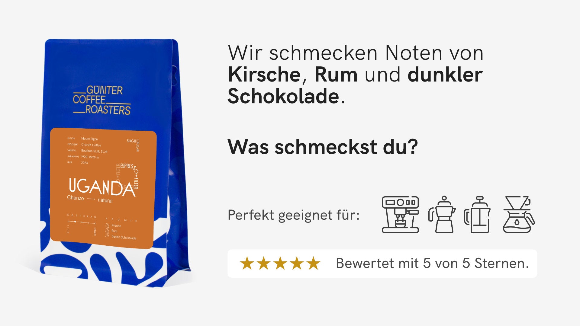 Uganda Chanzo Filterkaffeebohnen und Espressobohnen von Günter Coffee Roasters.