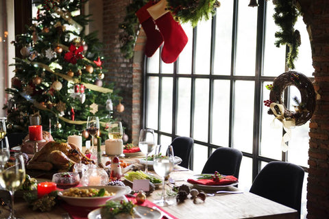 Christmas table with turkey, wine and great food