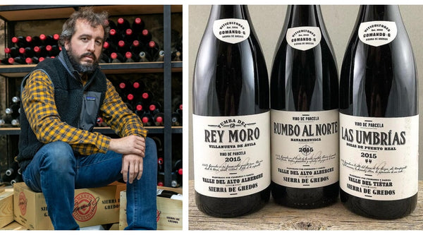 Pictures of Daniel Landi from Comando G on the left and his wines - Rey del Moro, Las Umbrias and Rumbo al Morte