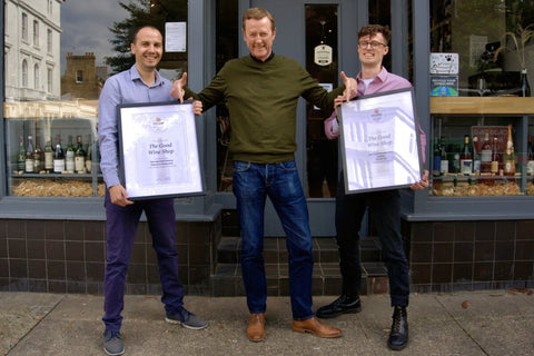The Good Wine Shop Team with director Mark Wrigglesworth with their Decanter Awards 2022
