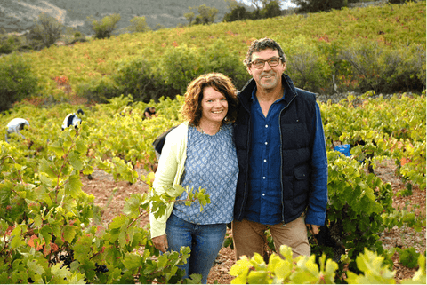 Katie Jones and husband Jean-Marc in the vineyards