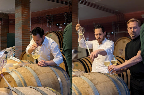 Pictures of Alex Zahel taking wine samples straight from the barrel