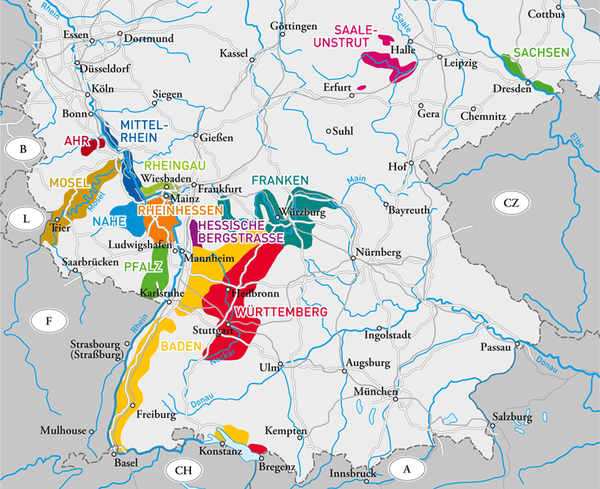 Map of the wine regions of Germany