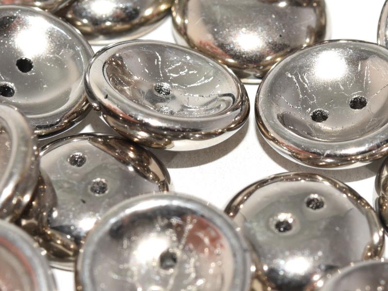 4 St. Gepresste ''Cup Button'' Perlen 14mm Zwei Löcher, Böhmische Glas, Jet Argentic voll