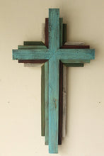 Cross #94: Reclaimed Wood from Oklahoma - 24" Multi Color Cross - Bluish Turquoise primary color
