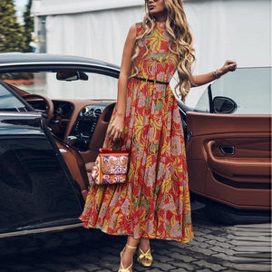 vacation v collar printed flying sleeve frenulum maxi dress