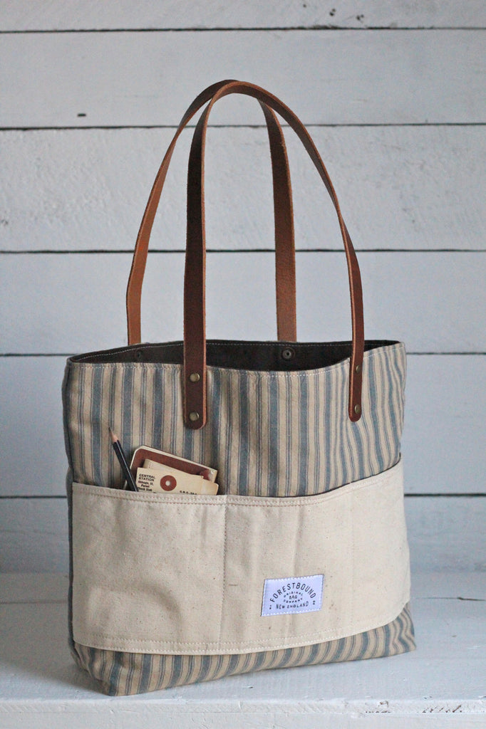 1950's era Ticking Fabric Pocket Tote Bag - FORESTBOUND