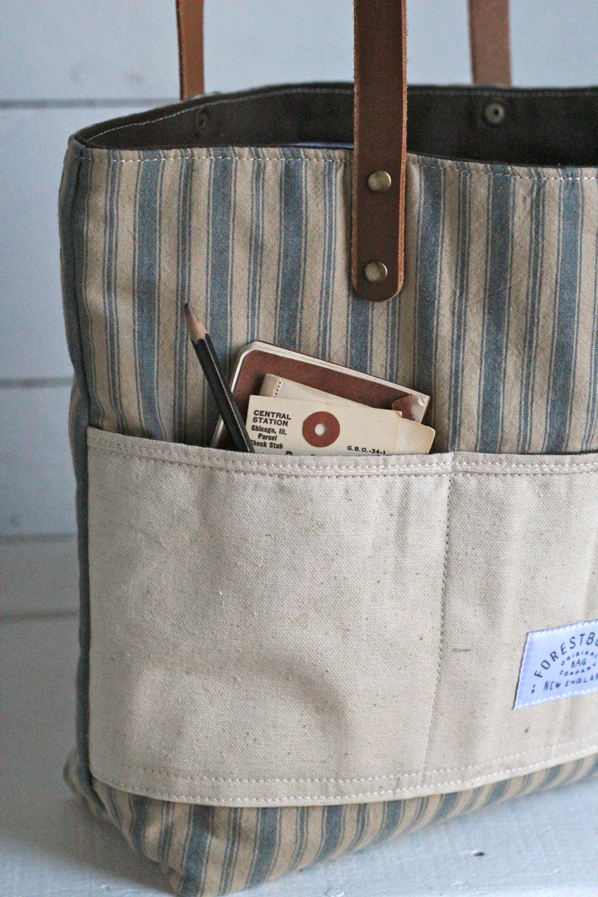 1950's era Ticking Fabric Pocket Tote Bag FORESTBOUND