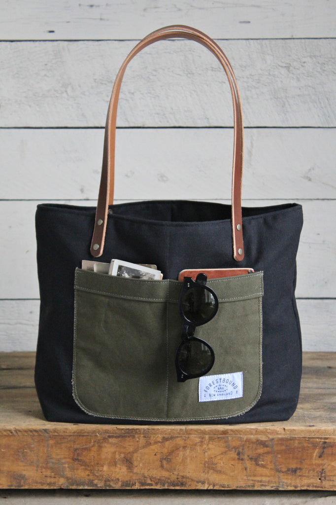 Recycled Black Cotton Pocket Tote Bag - FORESTBOUND