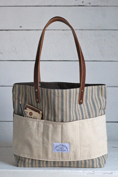 1950's era Ticking Fabric Pocket Tote Bag - FORESTBOUND