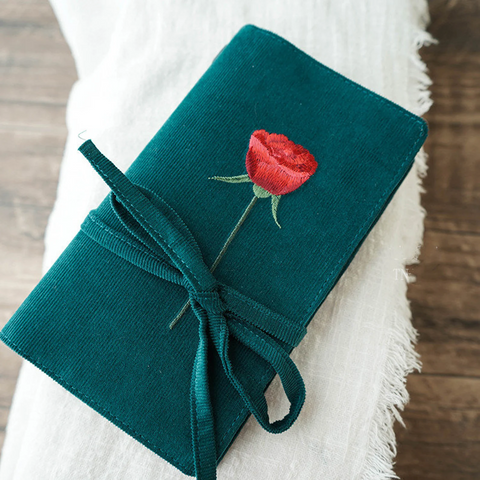 Red Rose Embroidery Corduroy Handmade TN Notebook