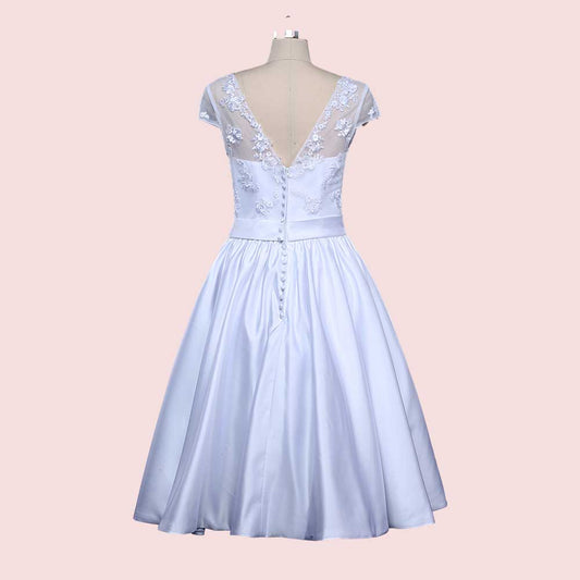 Retro Vintage Style 50s Tea Length Wedding Dress with Cap Sleeves J1002