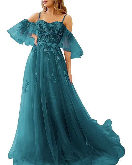 Teal Maxi Tulle Formal Prom Dress with Off Shoulder Sleeves XH1068