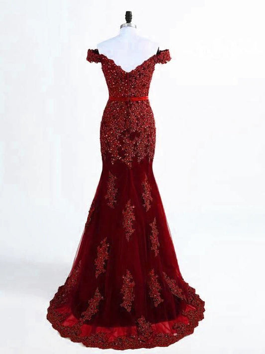 Burgundy Dark Red Lace Mermaid Formal Prom Evening Dress XH1063