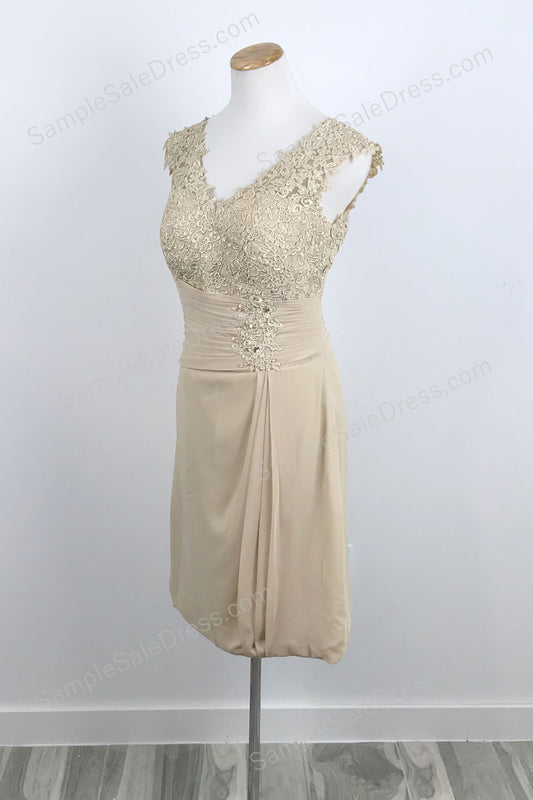 Short Beige Chiffon Lace Mother of Bride Dress XH1031