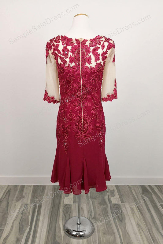 Dark Red Mother of Bride Groom Dress with Short Sleeves - Sample Sale Dress 