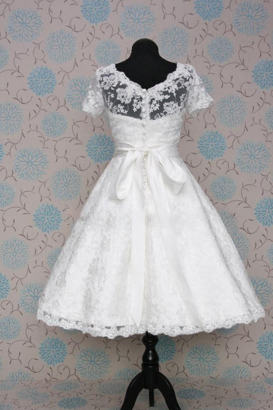 Vintage Style Lace Tea Length Wedding Dress with Short Sleeves - Sample Sale Dress 