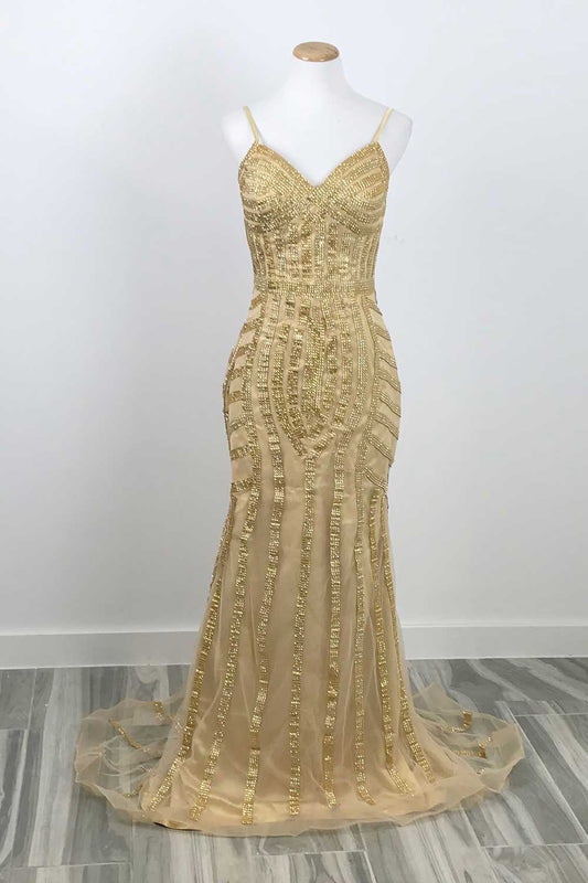 Gold Sparkly Mermaid Formal Prom Evening Dress