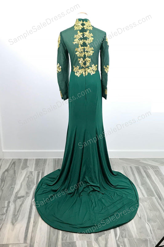 Green Gold Lace Formal Prom Dress with Long Sleeves XH1023