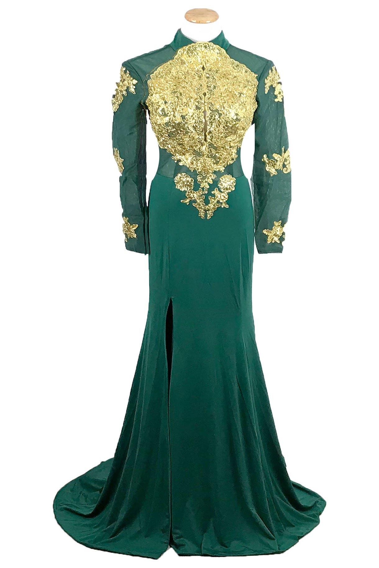 Green Gold Lace Formal Prom Dress with Long Sleeves XH1023 – Sample ...