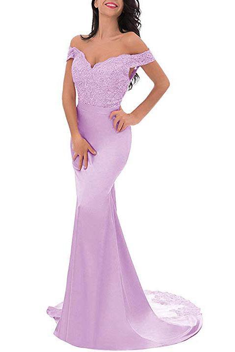 Lilac Lavender Off the Shoulder Lace Sleek Prom Evening Dress - Sample Sale Dress 