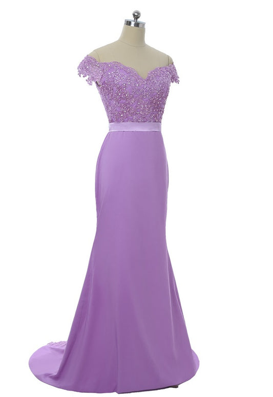 Purple Lilac Off the Shoulder Lace Sleek Prom Evening Dress XH1027