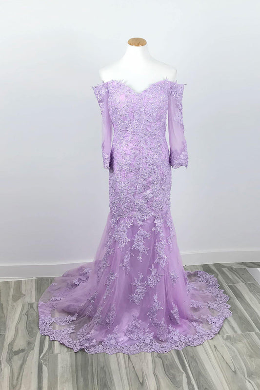 Purple Lace Off the Shoulder Formal Prom Evening Dress - Sample Sale Dress 