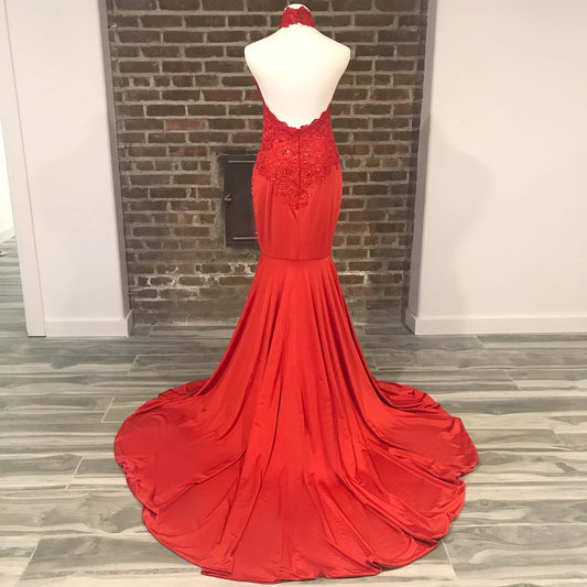 Stunning Red Halter Lace Formal Evening Gown XH1013