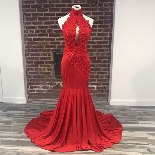 Stunning Red Halter Lace Formal Evening Gown XH1013