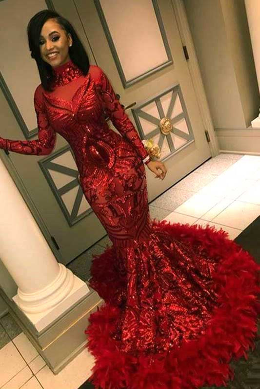 Sparkly Red Maxi Sequins Prom Dress with Feather Skirt Hem